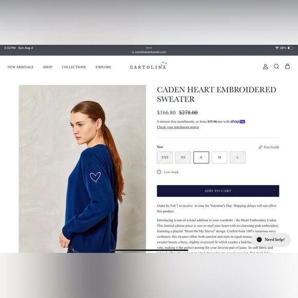 Cartolina Nantucket 100% Cashmere Navy Heart Embroidered Caden Soft Sweater XS - Picture 6 of 11